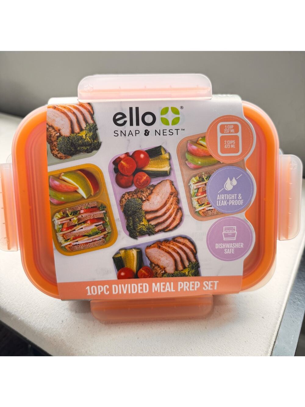 Ello Snap & Nest 10 Pc Plastic Meal Prep 2-Compartment Leak-Proof Air-Tight NEW